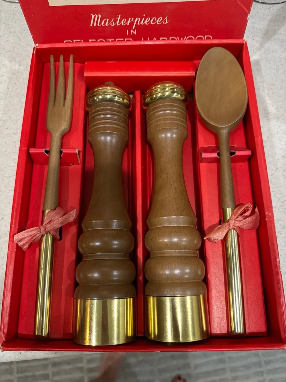 Vintage Wooden Salt & Pepper Grinder Set with Serving Utensils - wood & brass
